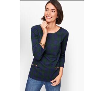 Talbots Black Watch Plaid Tunic Top Shimmer Zipper Detail Petite Medium NWOT
